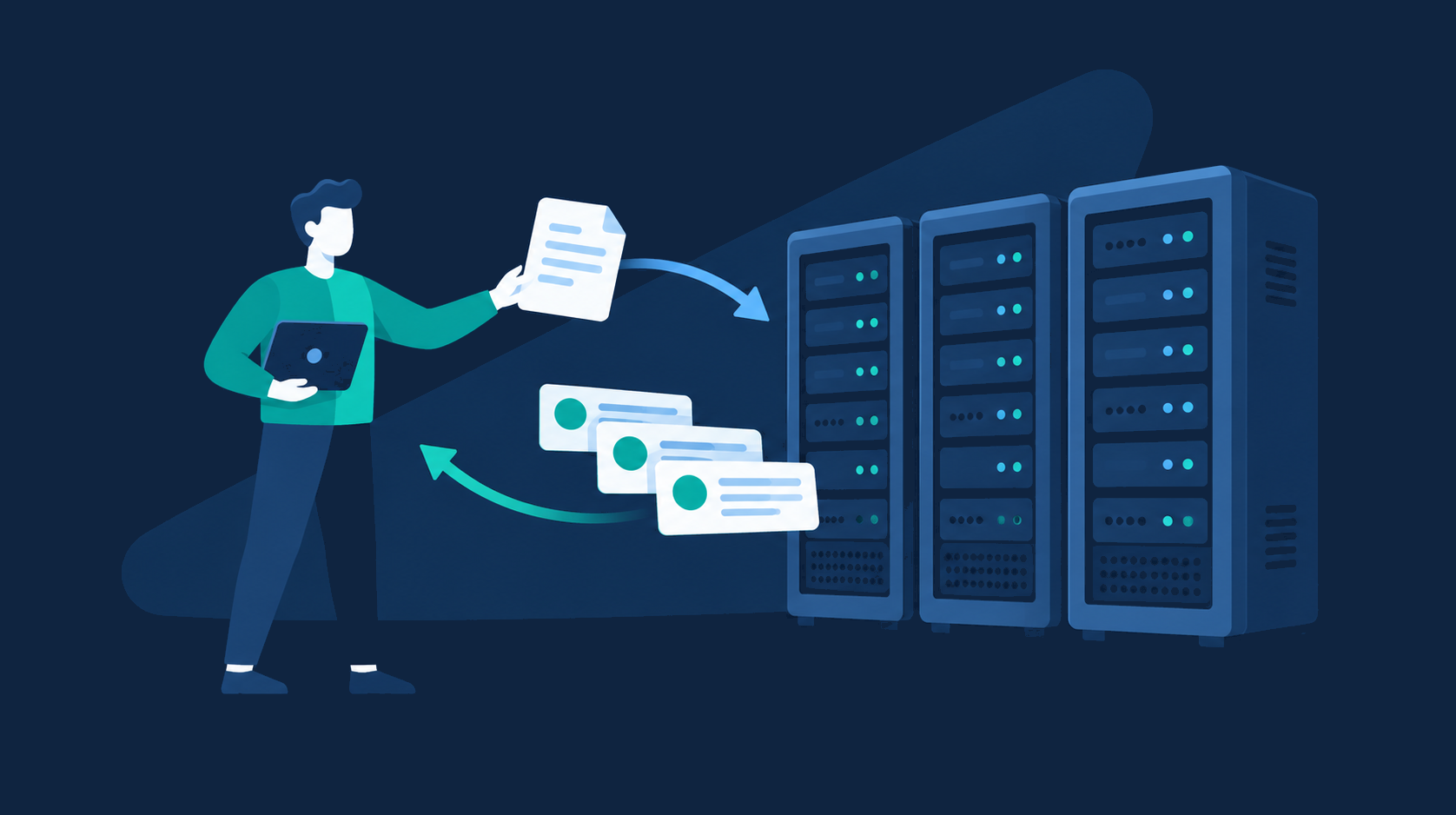 A buyer sends one request toward a row of dedicated server cabinets and several quotes come back